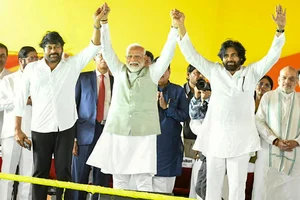 | Photo: PTI : Narendra Modi with Pawan Kalyan and actor K Chiranjeevi